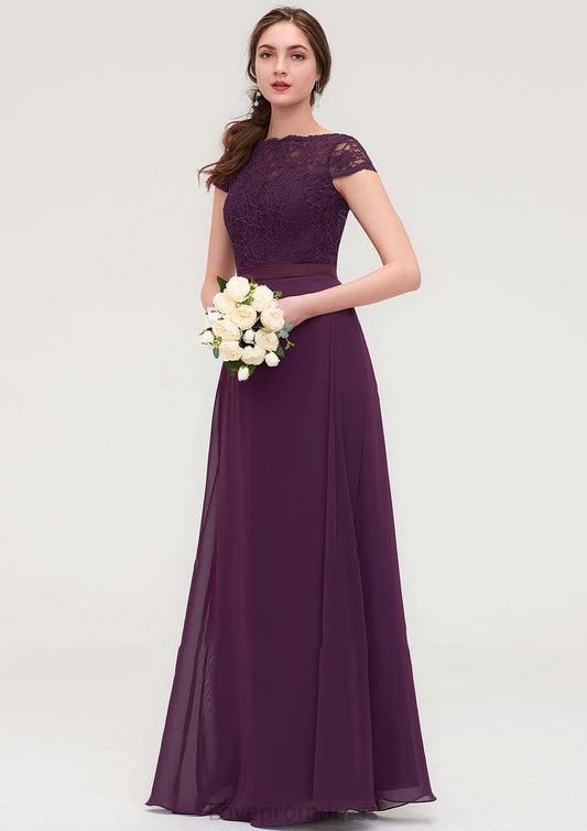 Short Sleeve Bateau Long/Floor-Length  Chiffon A-line/Princess Bridesmaid Dresses With Sashes Lace Rihanna DYP0025428