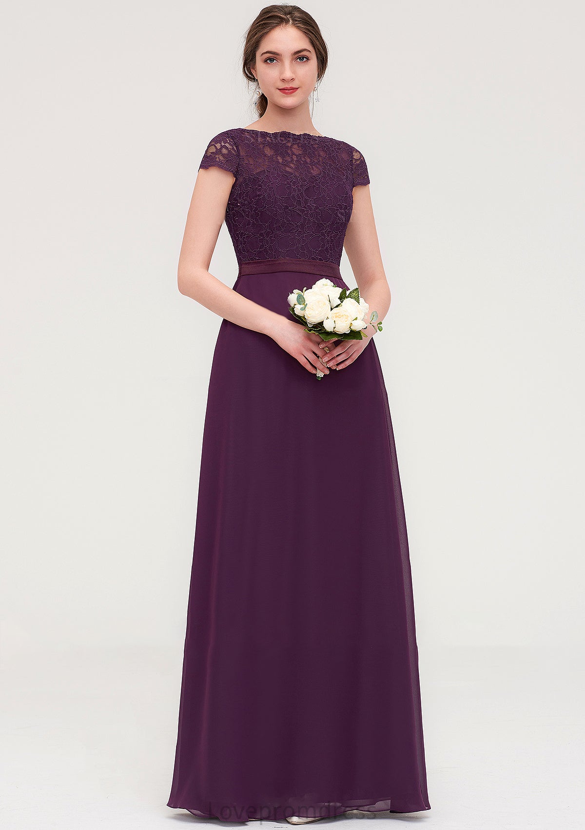 Short Sleeve Bateau Long/Floor-Length  Chiffon A-line/Princess Bridesmaid Dresses With Sashes Lace Rihanna DYP0025428