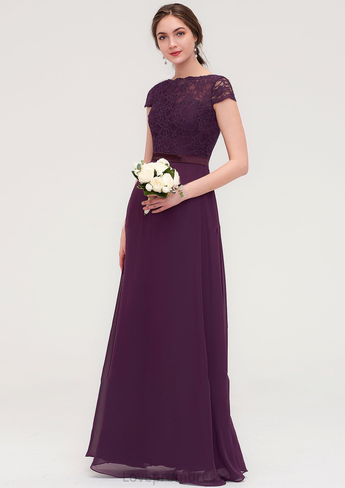 Short Sleeve Bateau Long/Floor-Length  Chiffon A-line/Princess Bridesmaid Dresses With Sashes Lace Rihanna DYP0025428