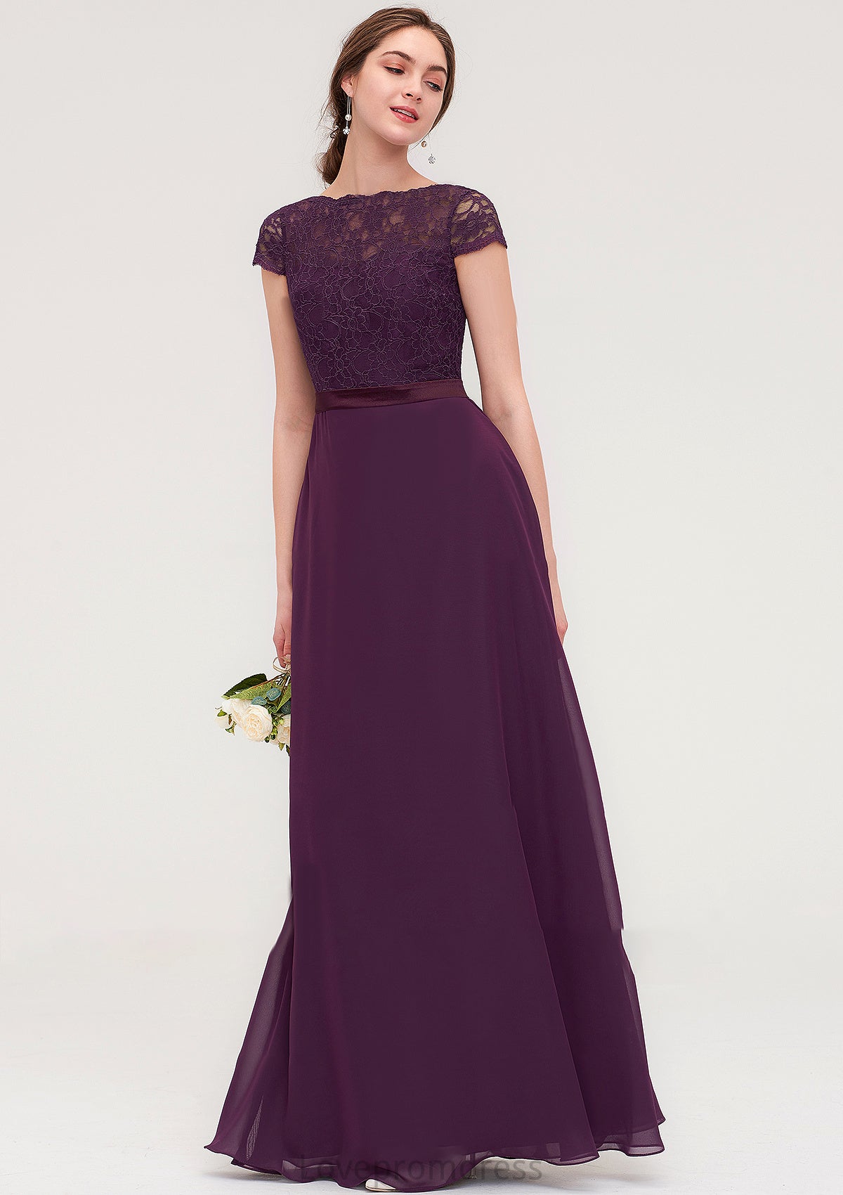 Short Sleeve Bateau Long/Floor-Length  Chiffon A-line/Princess Bridesmaid Dresses With Sashes Lace Rihanna DYP0025428