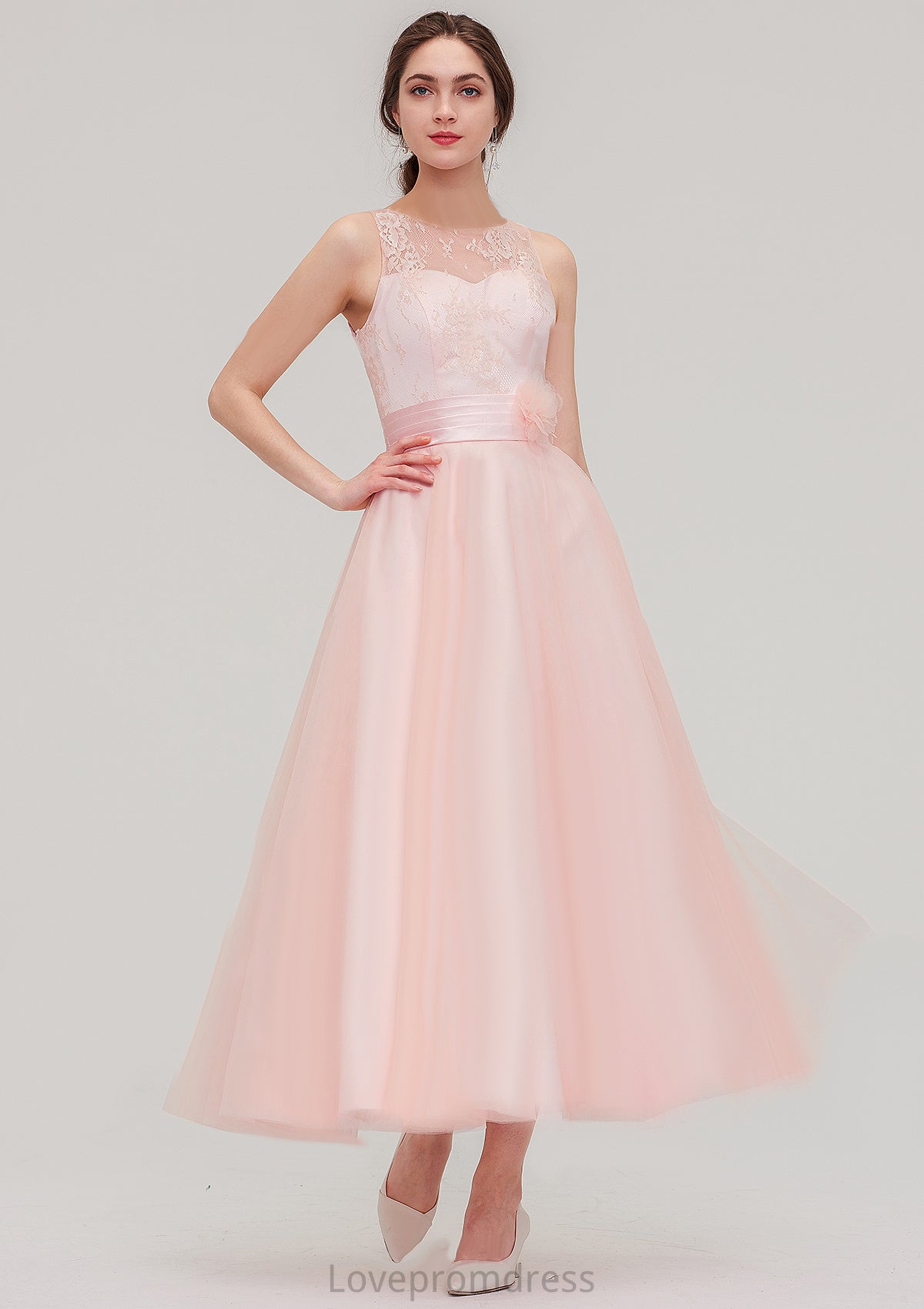 Tea-Length Sleeveless Bateau Tulle A-line/Princess Bridesmaid Dresses With Waistband Lace Kaylynn DYP0025429