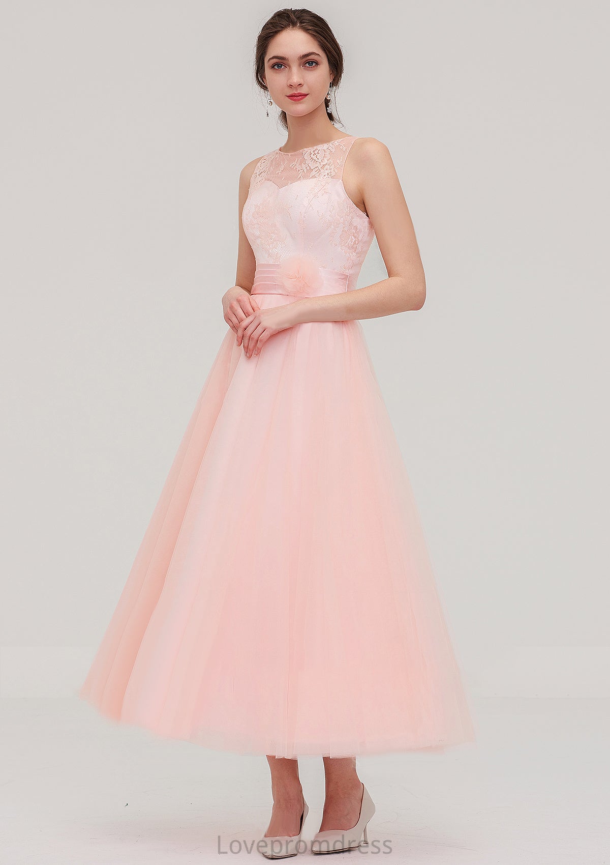 Tea-Length Sleeveless Bateau Tulle A-line/Princess Bridesmaid Dresses With Waistband Lace Kaylynn DYP0025429