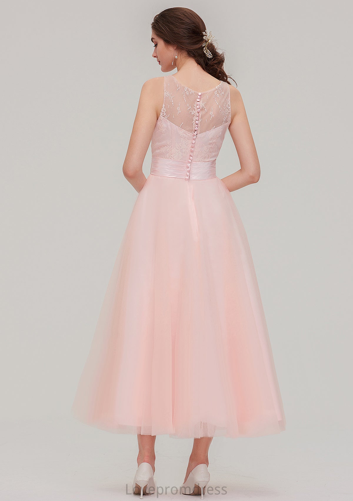 Tea-Length Sleeveless Bateau Tulle A-line/Princess Bridesmaid Dresses With Waistband Lace Kaylynn DYP0025429