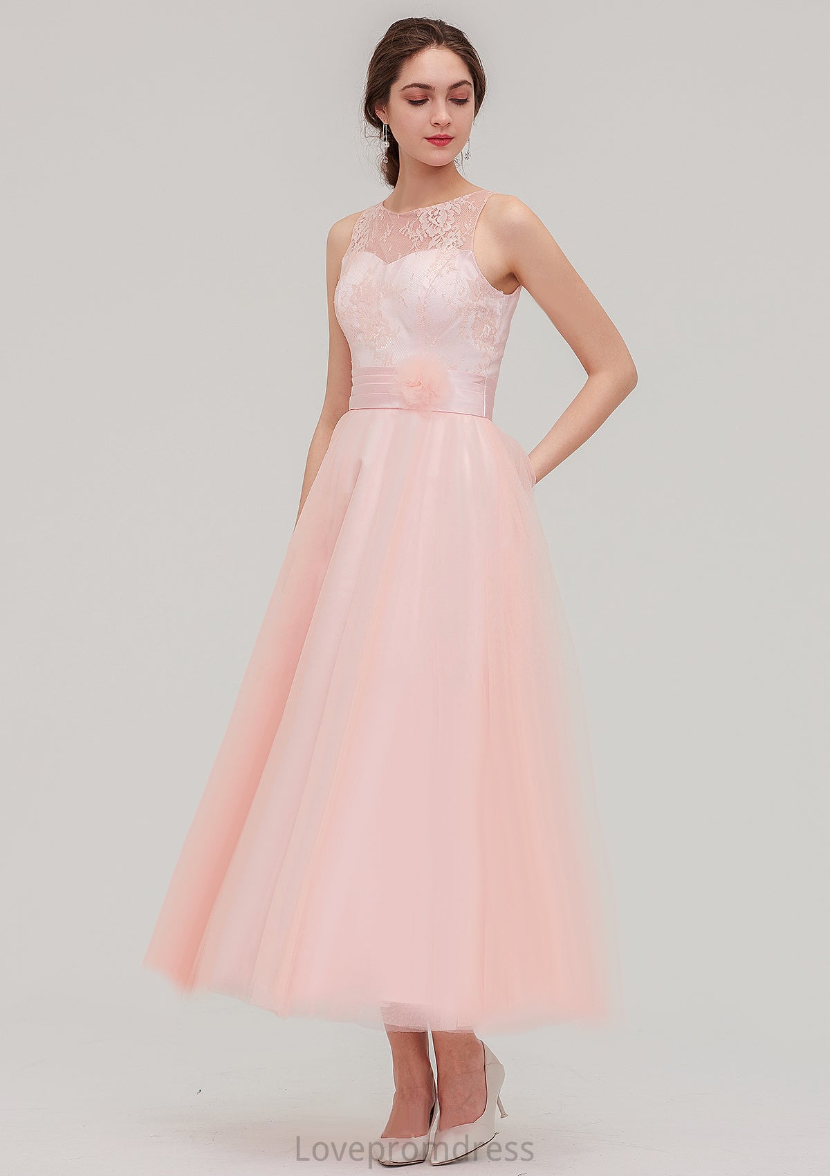 Tea-Length Sleeveless Bateau Tulle A-line/Princess Bridesmaid Dresses With Waistband Lace Kaylynn DYP0025429