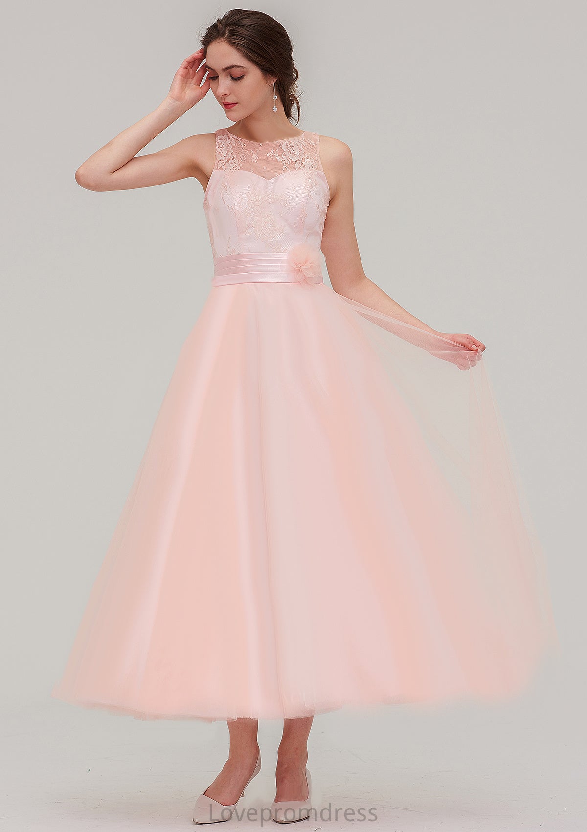 Tea-Length Sleeveless Bateau Tulle A-line/Princess Bridesmaid Dresses With Waistband Lace Kaylynn DYP0025429