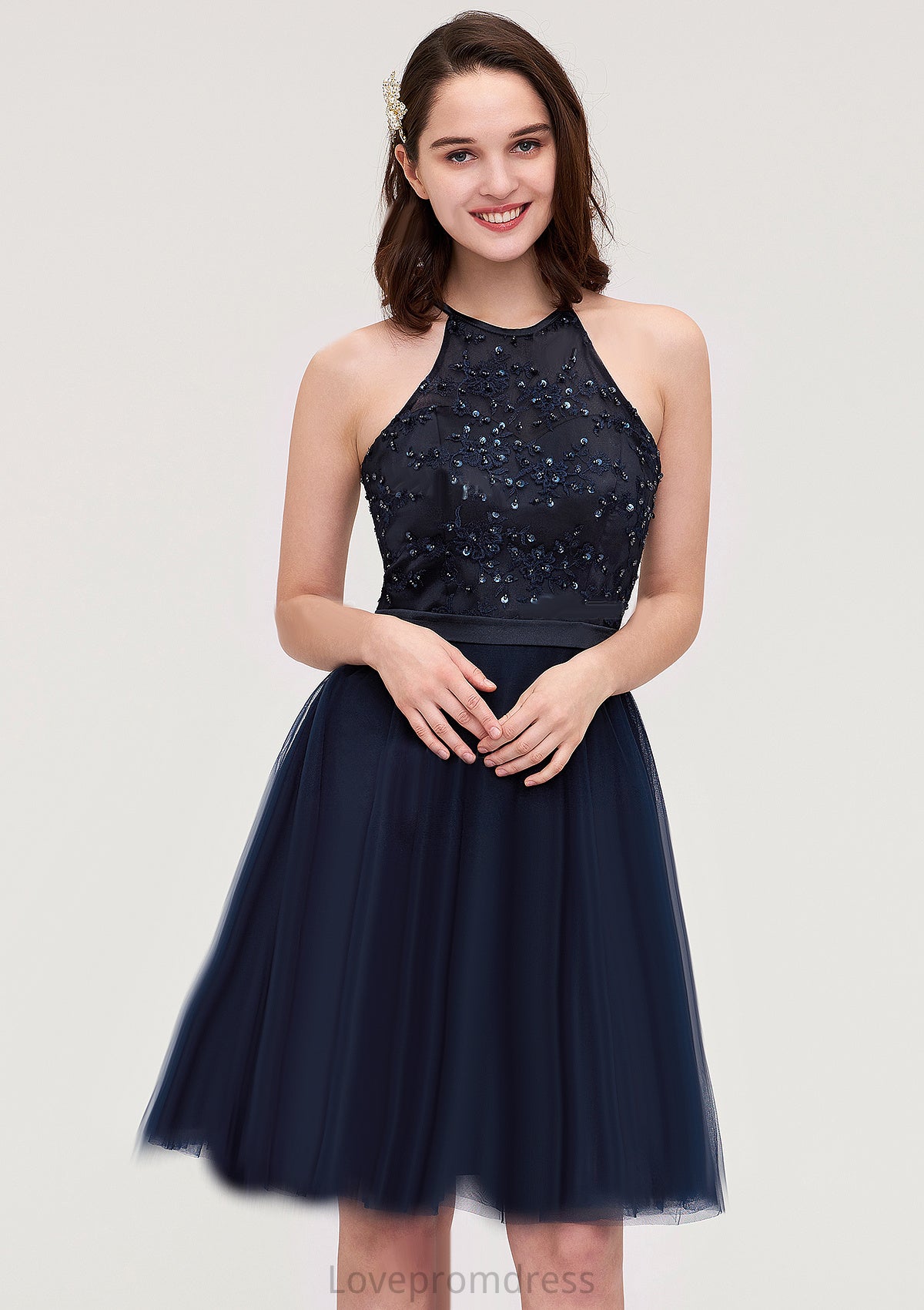 Sleeveless Halter Knee-Length Tulle A-line/Princess Bridesmaid Dresses With Sequins Appliqued Sashes Isabelle DYP0025430