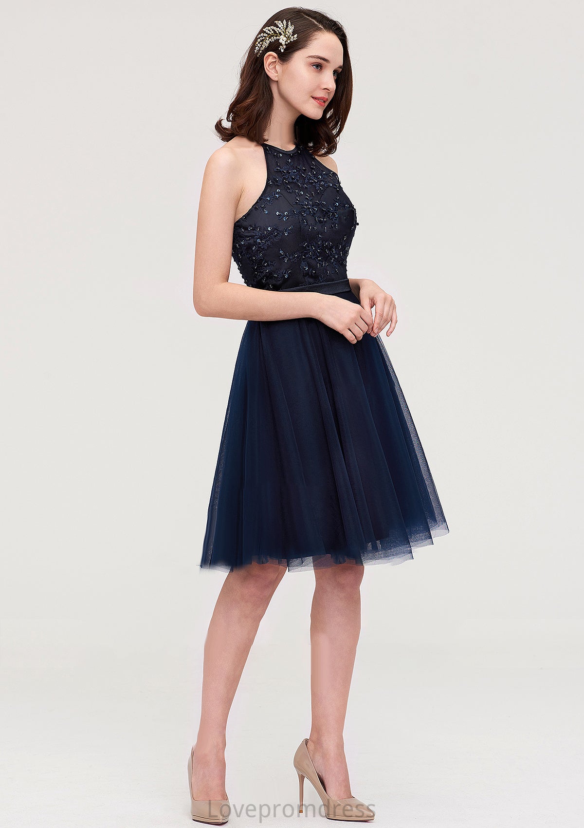 Sleeveless Halter Knee-Length Tulle A-line/Princess Bridesmaid Dresses With Sequins Appliqued Sashes Isabelle DYP0025430