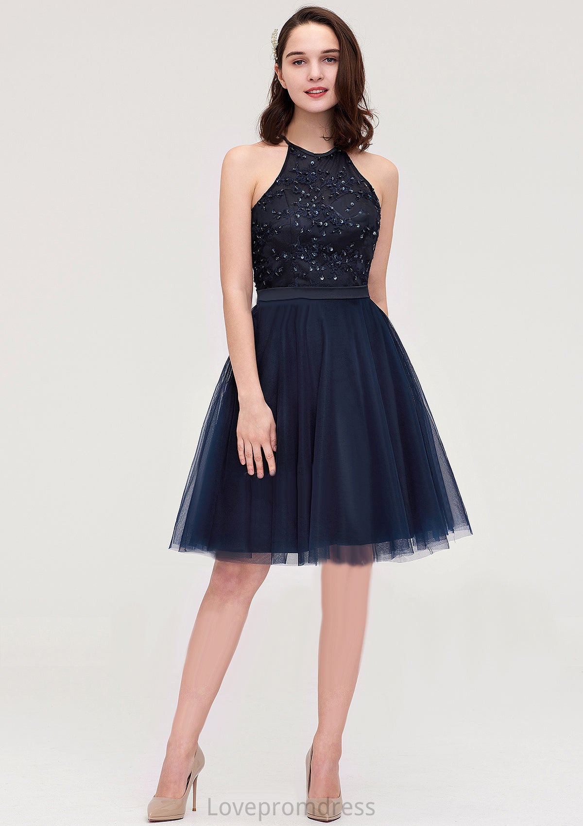 Sleeveless Halter Knee-Length Tulle A-line/Princess Bridesmaid Dresses With Sequins Appliqued Sashes Isabelle DYP0025430