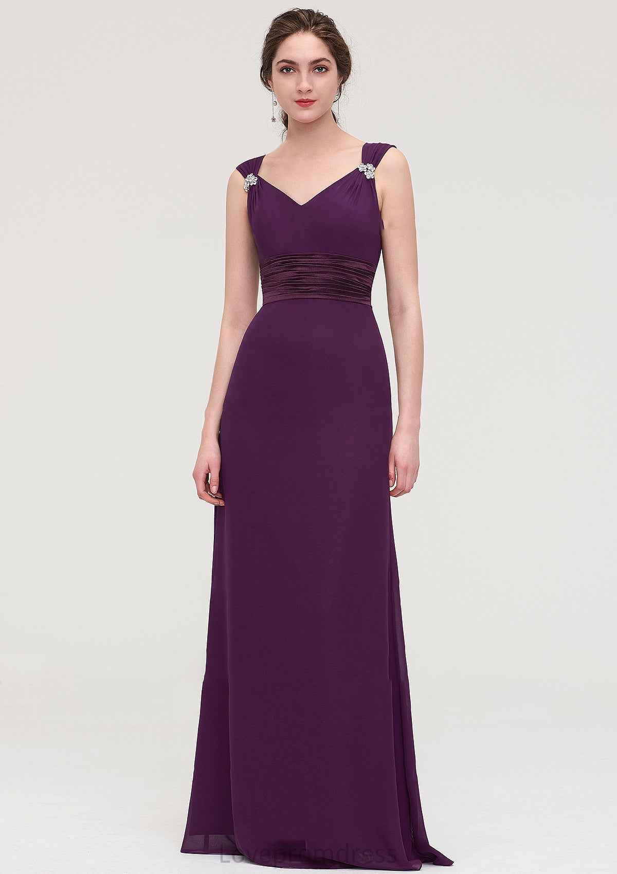 Sleeveless V Neck Long/Floor-Length Sheath/Column Chiffon Bridesmaid Dresses With Sashes Beading Pleated Cora DYP0025432