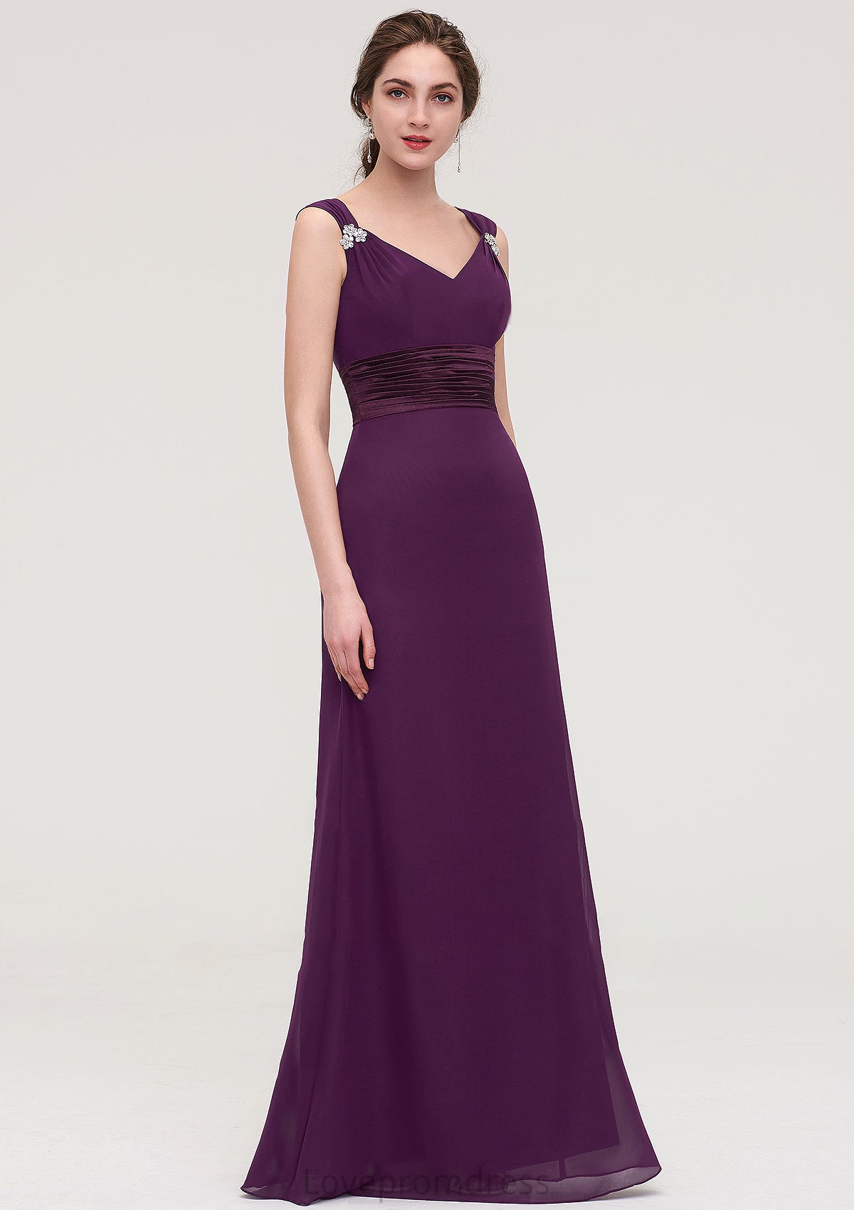 Sleeveless V Neck Long/Floor-Length Sheath/Column Chiffon Bridesmaid Dresses With Sashes Beading Pleated Cora DYP0025432