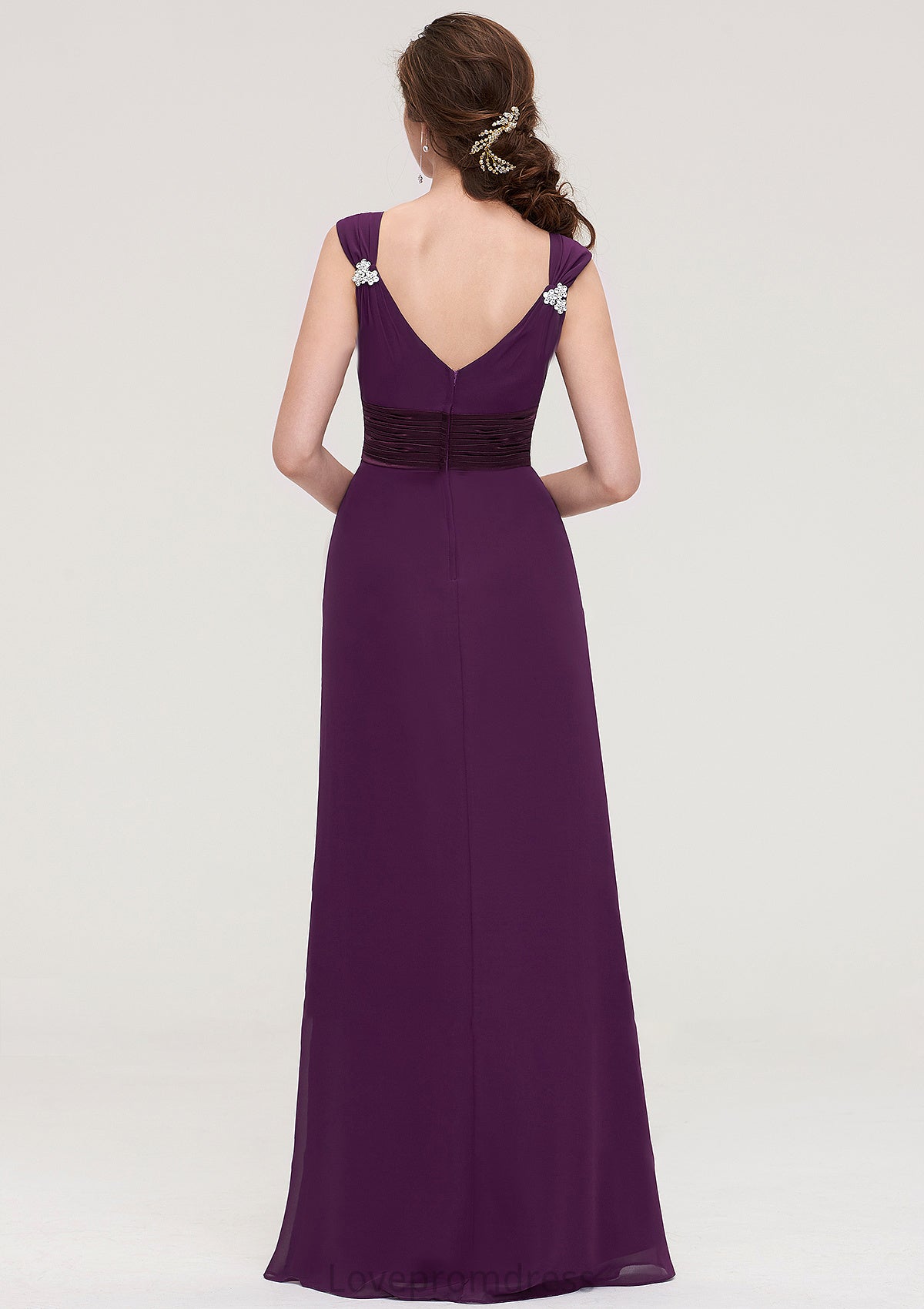 Sleeveless V Neck Long/Floor-Length Sheath/Column Chiffon Bridesmaid Dresses With Sashes Beading Pleated Cora DYP0025432