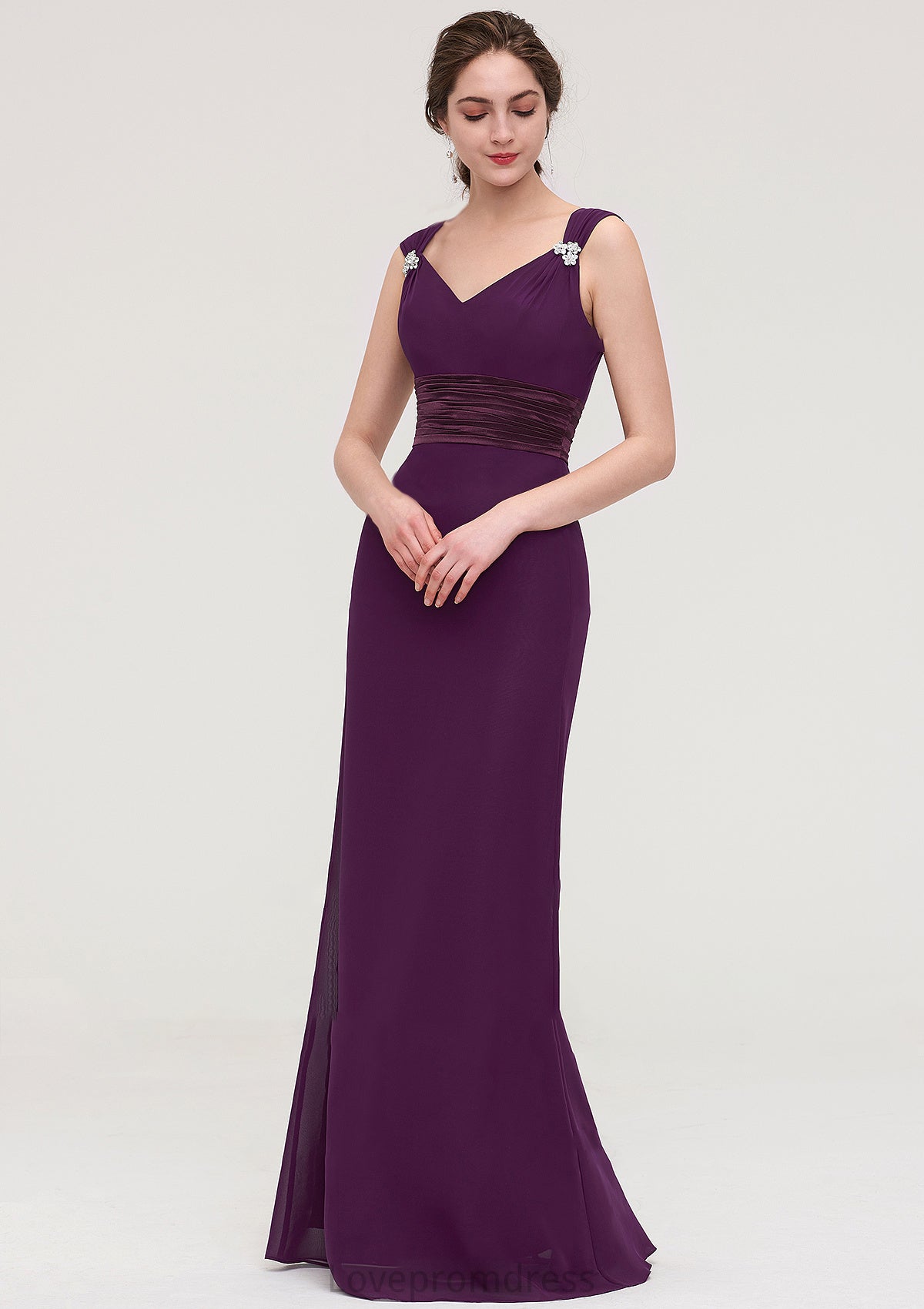 Sleeveless V Neck Long/Floor-Length Sheath/Column Chiffon Bridesmaid Dresses With Sashes Beading Pleated Cora DYP0025432