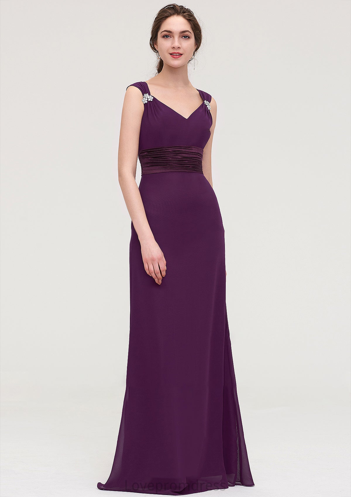 Sleeveless V Neck Long/Floor-Length Sheath/Column Chiffon Bridesmaid Dresses With Sashes Beading Pleated Cora DYP0025432