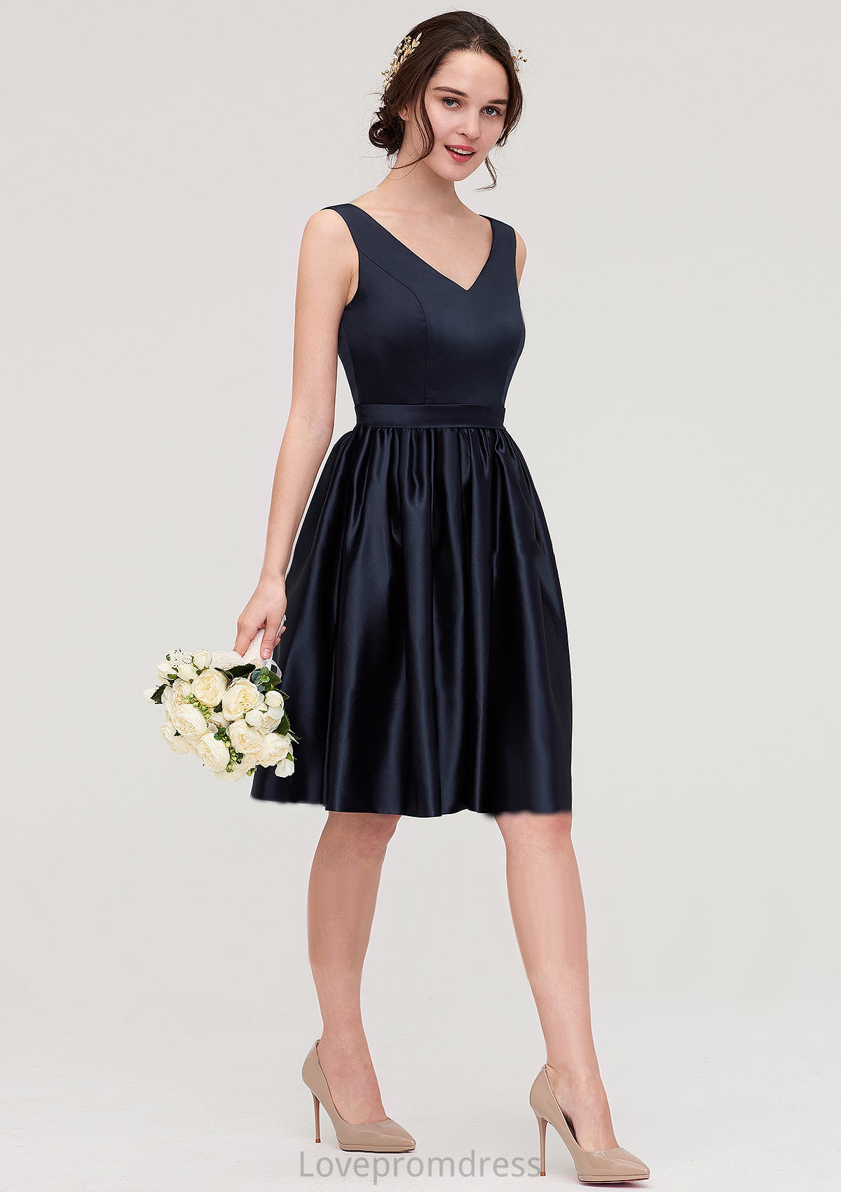 V Neck Sleeveless A-line/Princess Knee-Length Satin Bridesmaid Dresses With Pleated Nellie DYP0025433