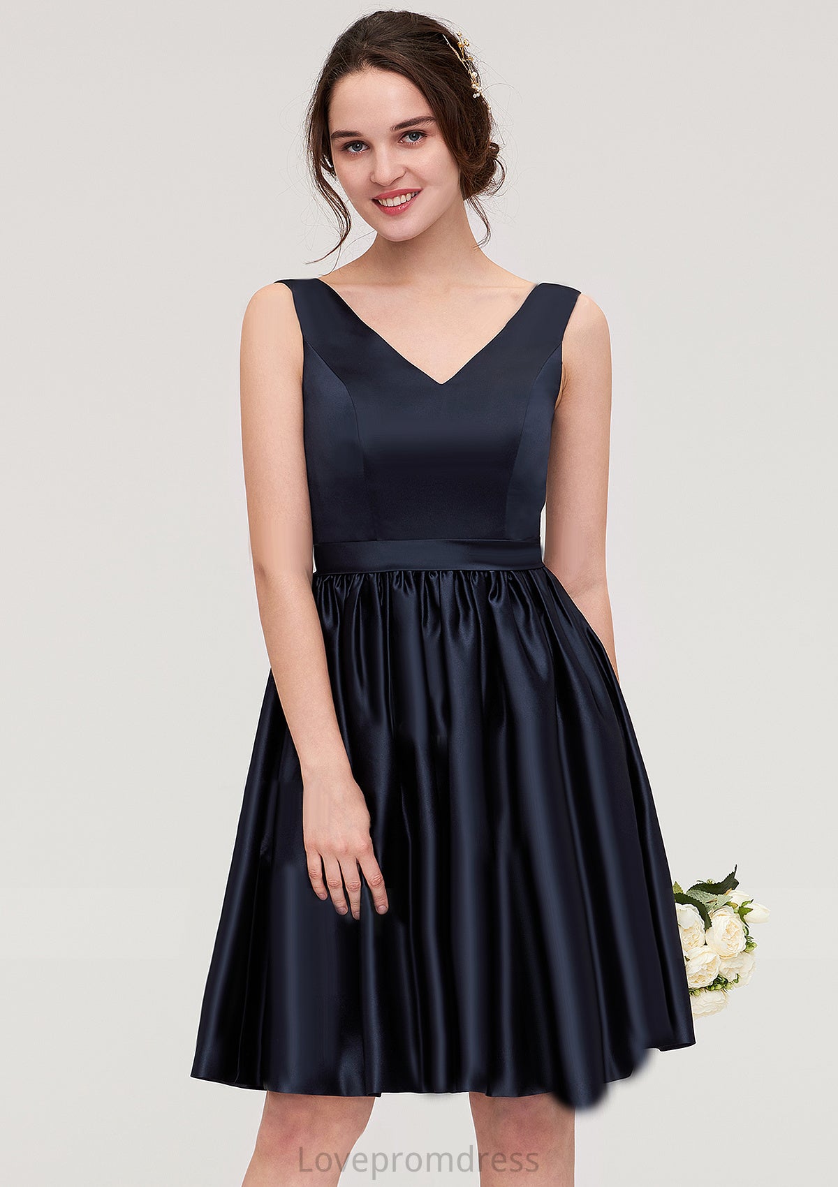 V Neck Sleeveless A-line/Princess Knee-Length Satin Bridesmaid Dresses With Pleated Nellie DYP0025433