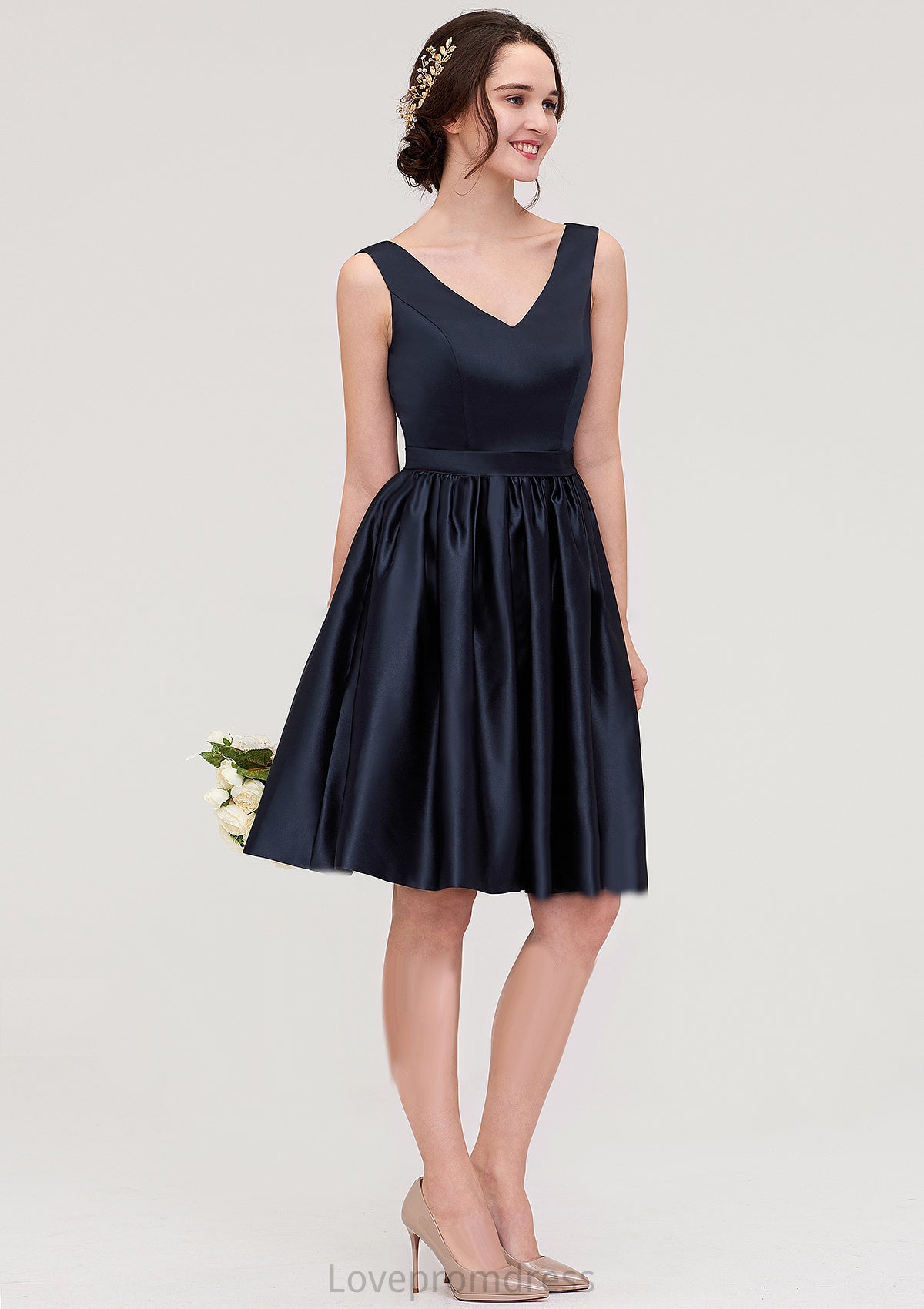 V Neck Sleeveless A-line/Princess Knee-Length Satin Bridesmaid Dresses With Pleated Nellie DYP0025433