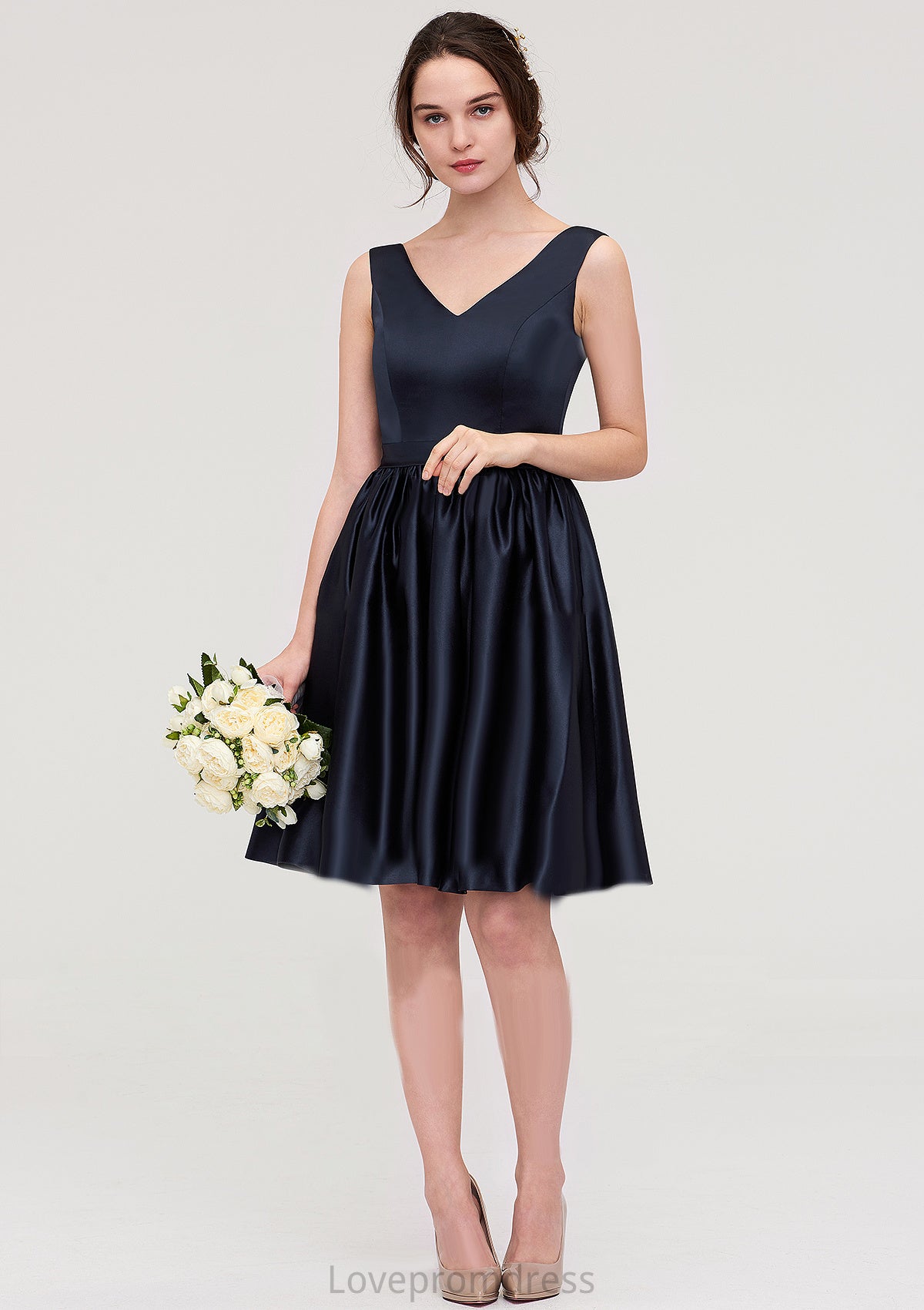 V Neck Sleeveless A-line/Princess Knee-Length Satin Bridesmaid Dresses With Pleated Nellie DYP0025433