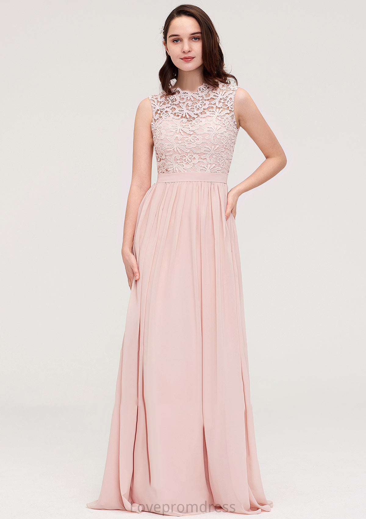 Sleeveless Scalloped Neck Long/Floor-Length Chiffon A-line/Princess Bridesmaid Dresses With Lace Salma DYP0025434