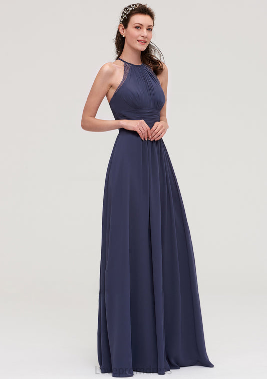 Scoop Neck Sleeveless A-line/Princess Chiffon Long/Floor-Length Bridesmaid Dresseses With Pleated Appliqued Willa DYP0025439