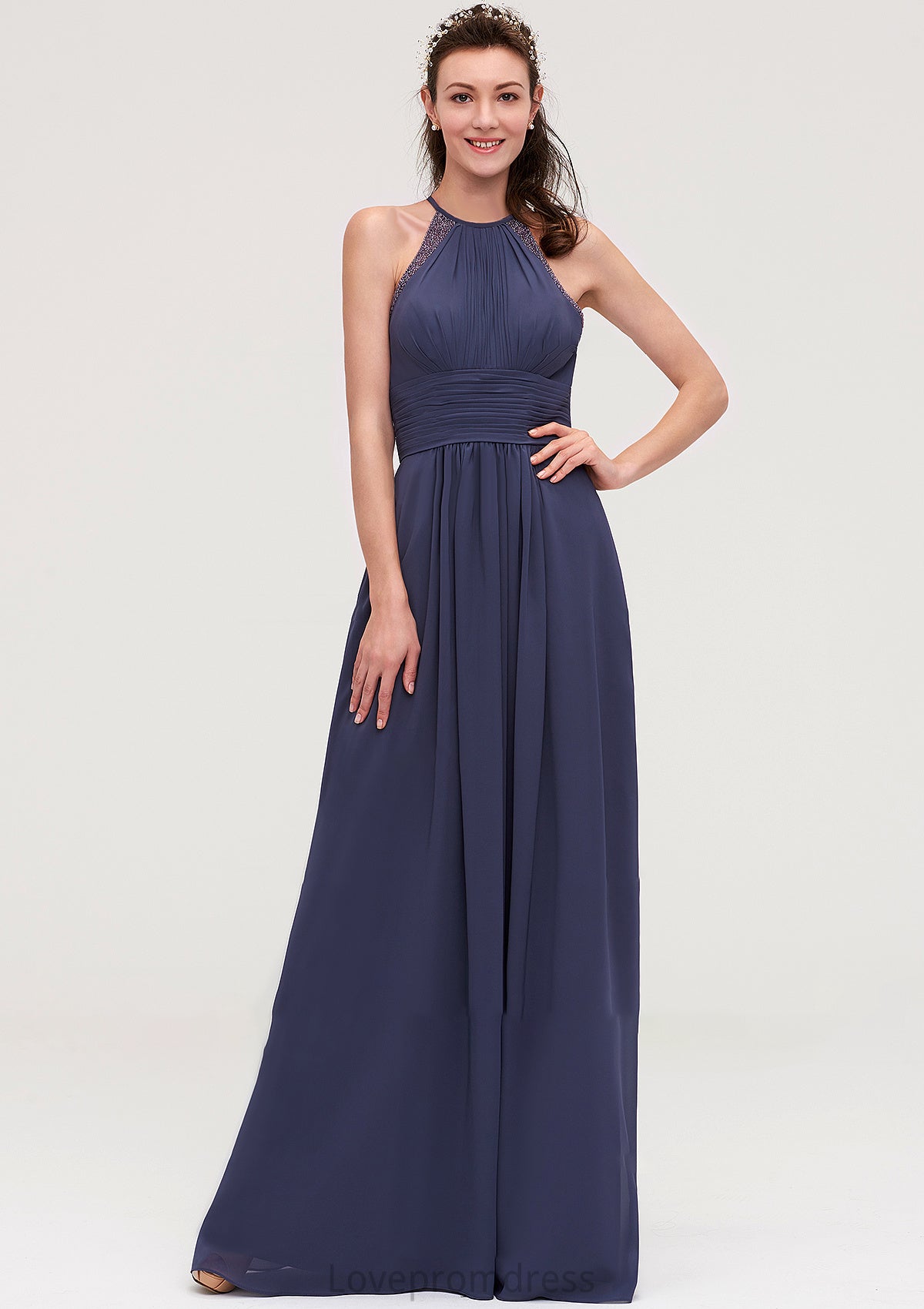 Scoop Neck Sleeveless A-line/Princess Chiffon Long/Floor-Length Bridesmaid Dresseses With Pleated Appliqued Willa DYP0025439