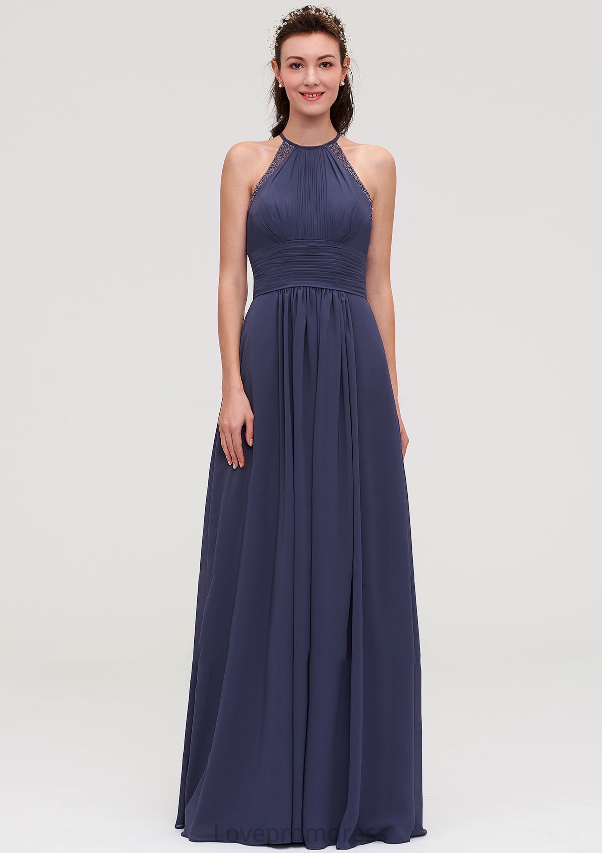 Scoop Neck Sleeveless A-line/Princess Chiffon Long/Floor-Length Bridesmaid Dresseses With Pleated Appliqued Willa DYP0025439