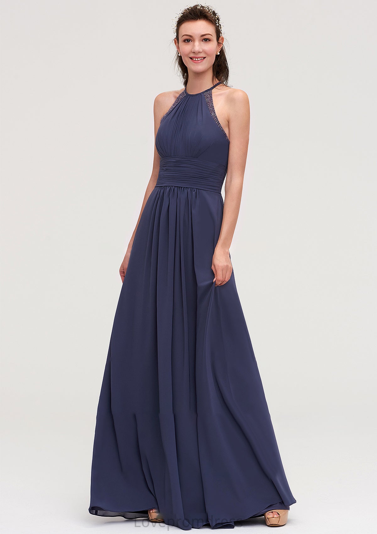 Scoop Neck Sleeveless A-line/Princess Chiffon Long/Floor-Length Bridesmaid Dresseses With Pleated Appliqued Willa DYP0025439