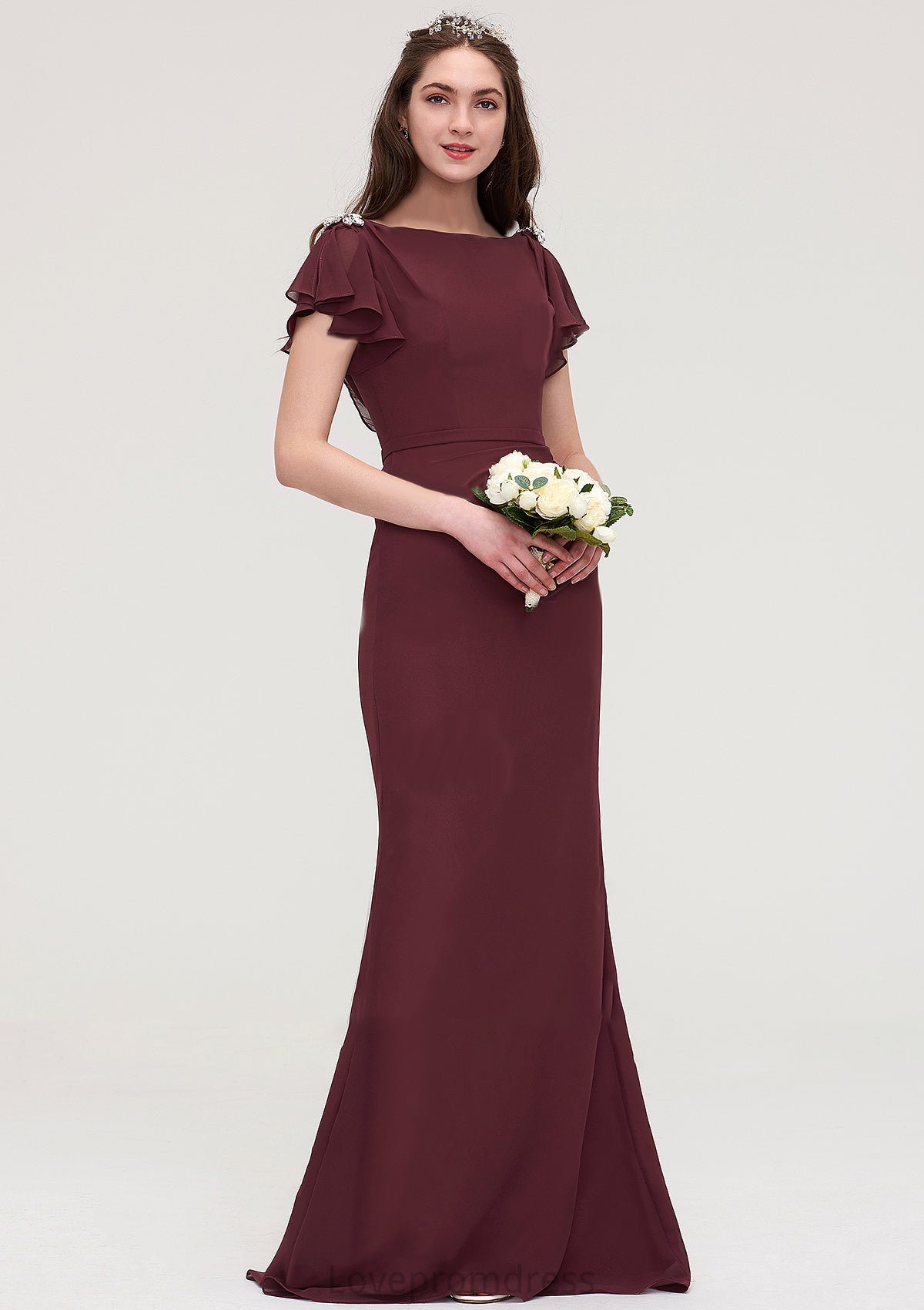 Short Sleeve Bateau Long/Floor-Length Sheath/Column Chiffon Bridesmaid Dresses With Crystal Detailing Sashes Azul DYP0025440