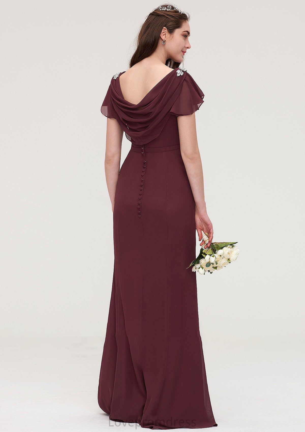 Short Sleeve Bateau Long/Floor-Length Sheath/Column Chiffon Bridesmaid Dresses With Crystal Detailing Sashes Azul DYP0025440