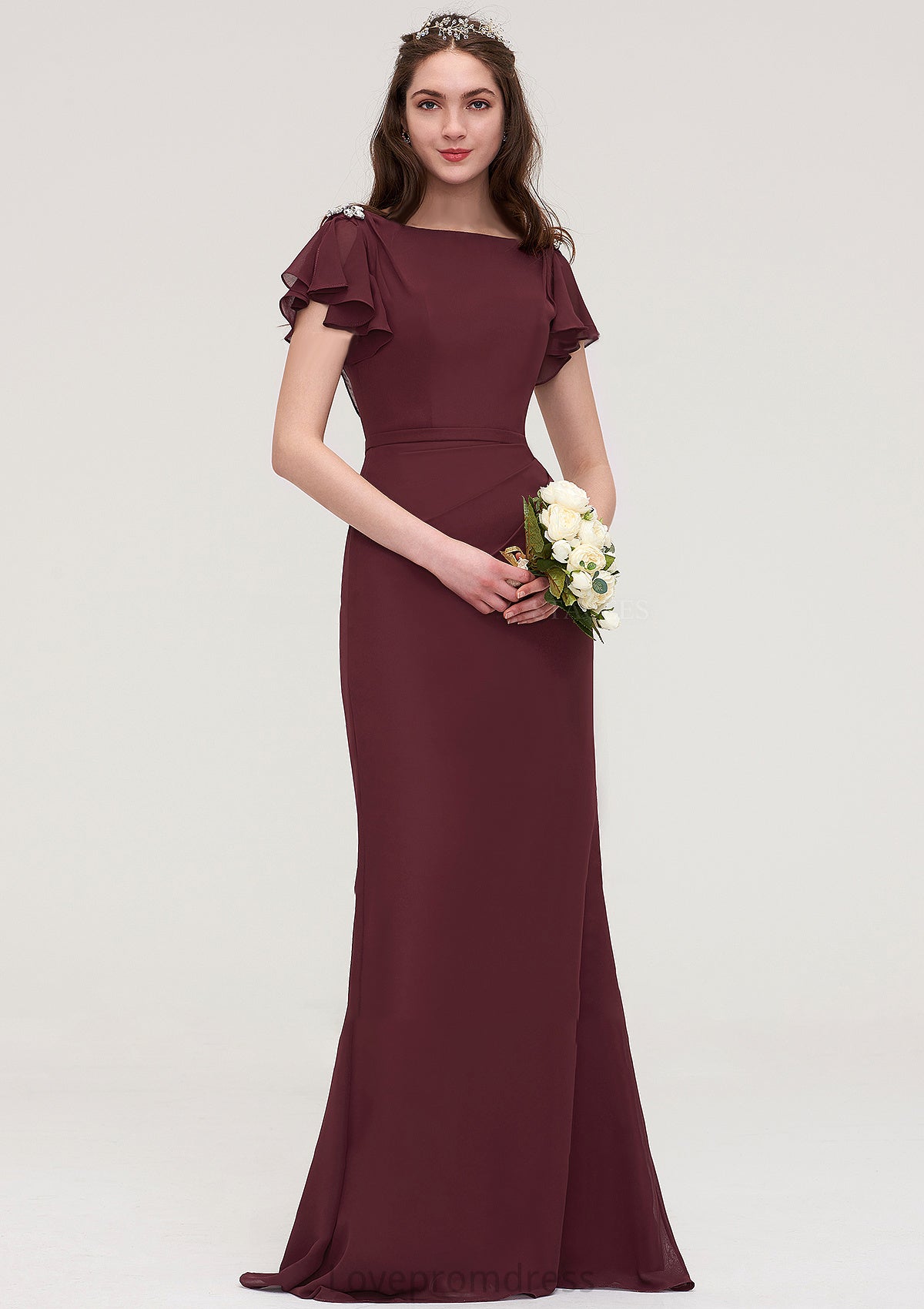 Short Sleeve Bateau Long/Floor-Length Sheath/Column Chiffon Bridesmaid Dresses With Crystal Detailing Sashes Azul DYP0025440