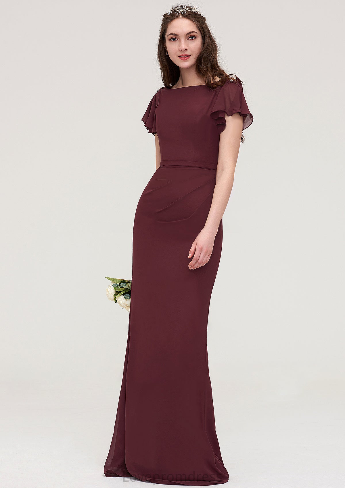 Short Sleeve Bateau Long/Floor-Length Sheath/Column Chiffon Bridesmaid Dresses With Crystal Detailing Sashes Azul DYP0025440