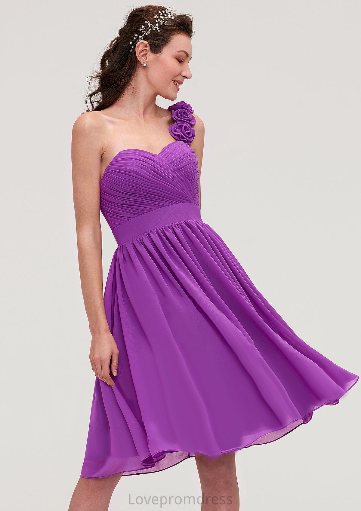 One-Shoulder Sleeveless Knee-Length Chiffon A-line/Princess Bridesmaid Dresseses With Pleated Flowers Nylah DYP0025441