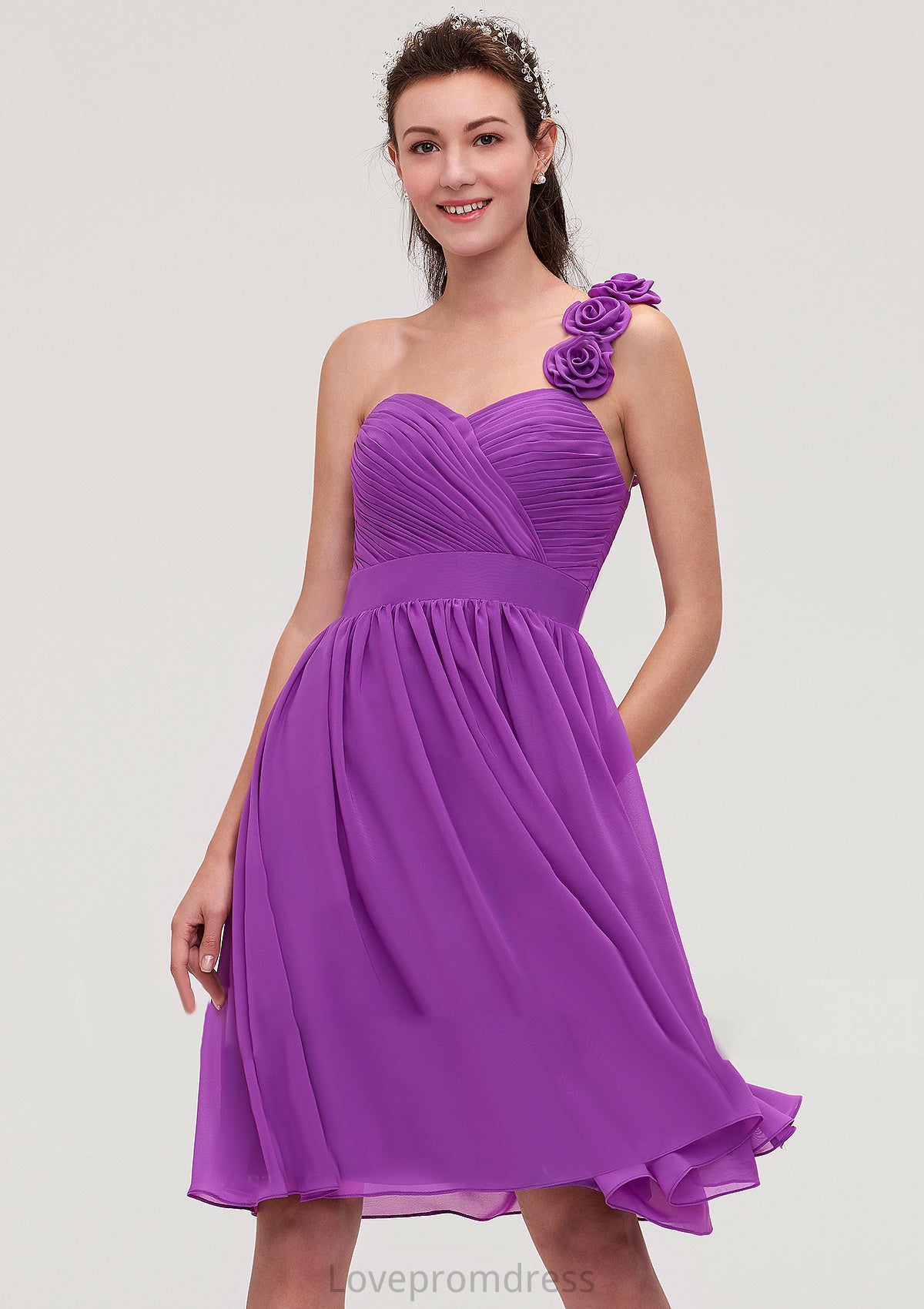 One-Shoulder Sleeveless Knee-Length Chiffon A-line/Princess Bridesmaid Dresseses With Pleated Flowers Nylah DYP0025441