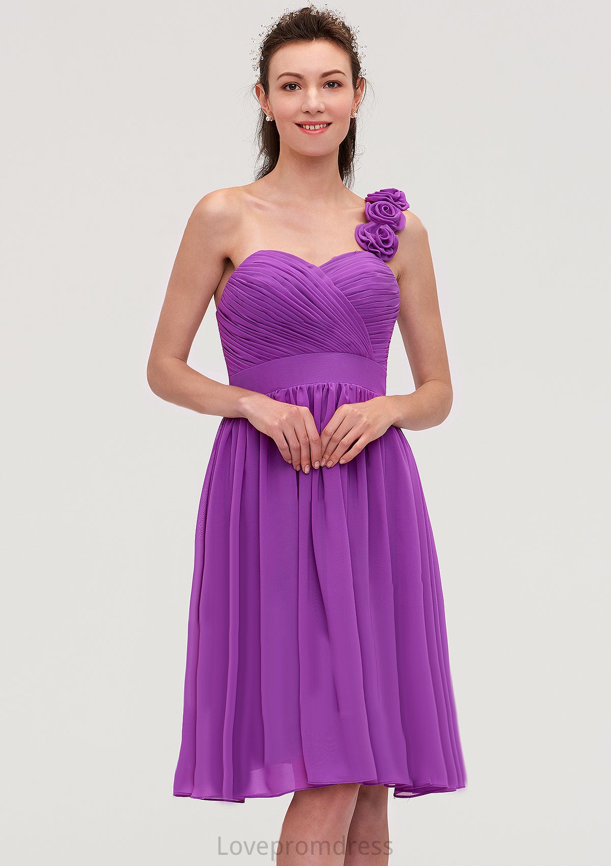 One-Shoulder Sleeveless Knee-Length Chiffon A-line/Princess Bridesmaid Dresseses With Pleated Flowers Nylah DYP0025441