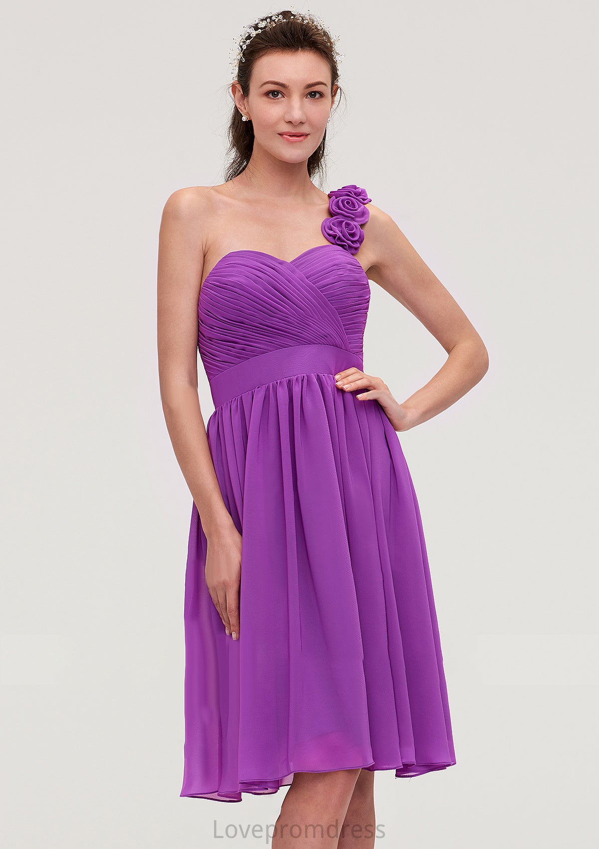 One-Shoulder Sleeveless Knee-Length Chiffon A-line/Princess Bridesmaid Dresseses With Pleated Flowers Nylah DYP0025441