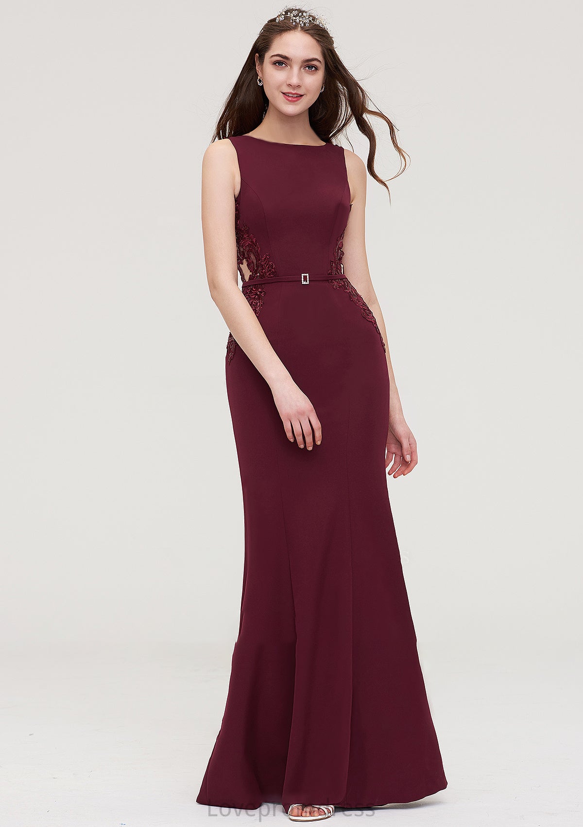 Bateau Sleeveless Sheath/Column Long/Floor-Length Elastic Satin Bridesmaid Dresses With Waistband Lace Sequins Maya DYP0025443