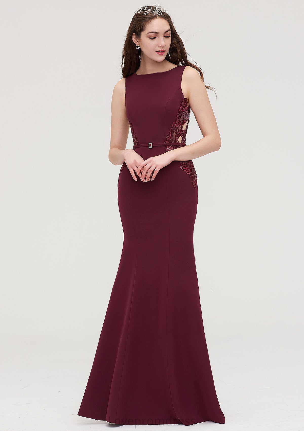 Bateau Sleeveless Sheath/Column Long/Floor-Length Elastic Satin Bridesmaid Dresses With Waistband Lace Sequins Maya DYP0025443