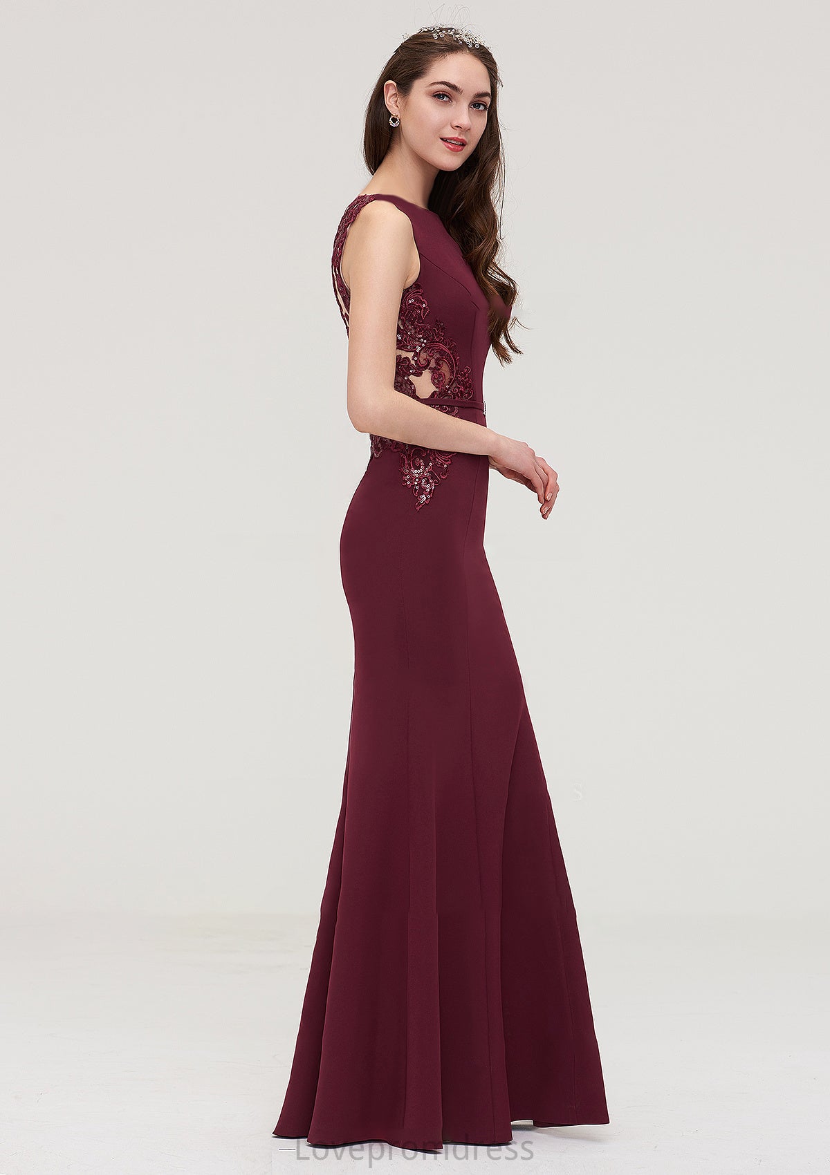 Bateau Sleeveless Sheath/Column Long/Floor-Length Elastic Satin Bridesmaid Dresses With Waistband Lace Sequins Maya DYP0025443