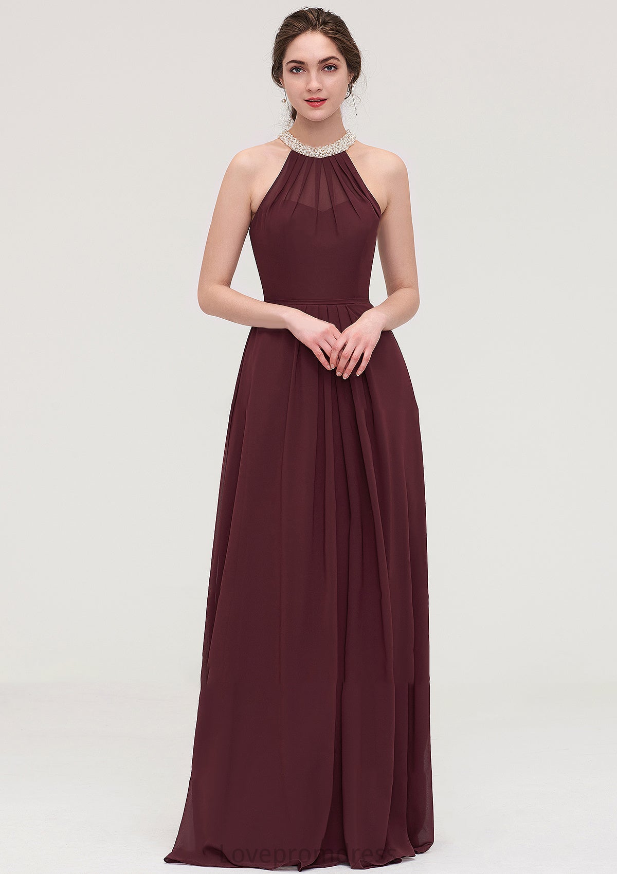 Sleeveless Halter Long/Floor-Length Chiffon A-line/Princess Bridesmaid Dresses With Beading Pleated Ashley DYP0025445