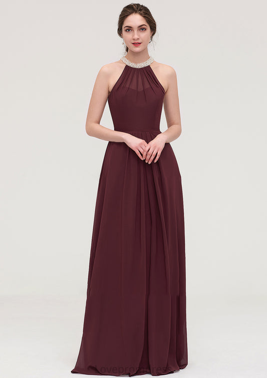 Sleeveless Halter Long/Floor-Length Chiffon A-line/Princess Bridesmaid Dresses With Beading Pleated Ashley DYP0025445