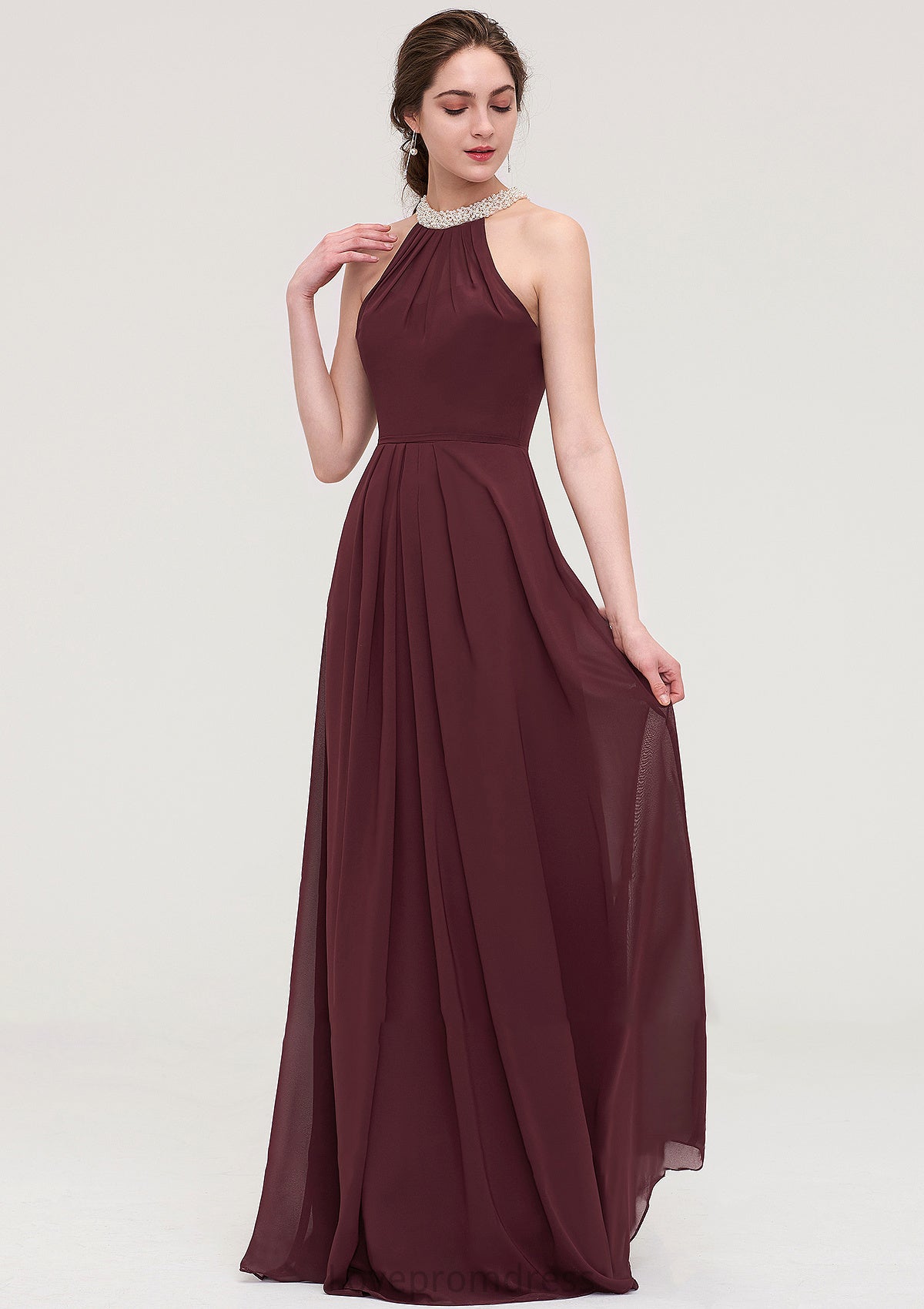 Sleeveless Halter Long/Floor-Length Chiffon A-line/Princess Bridesmaid Dresses With Beading Pleated Ashley DYP0025445