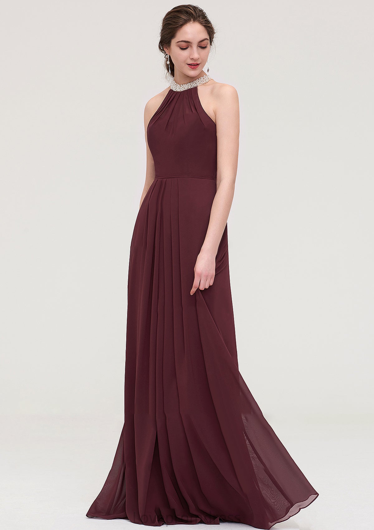 Sleeveless Halter Long/Floor-Length Chiffon A-line/Princess Bridesmaid Dresses With Beading Pleated Ashley DYP0025445