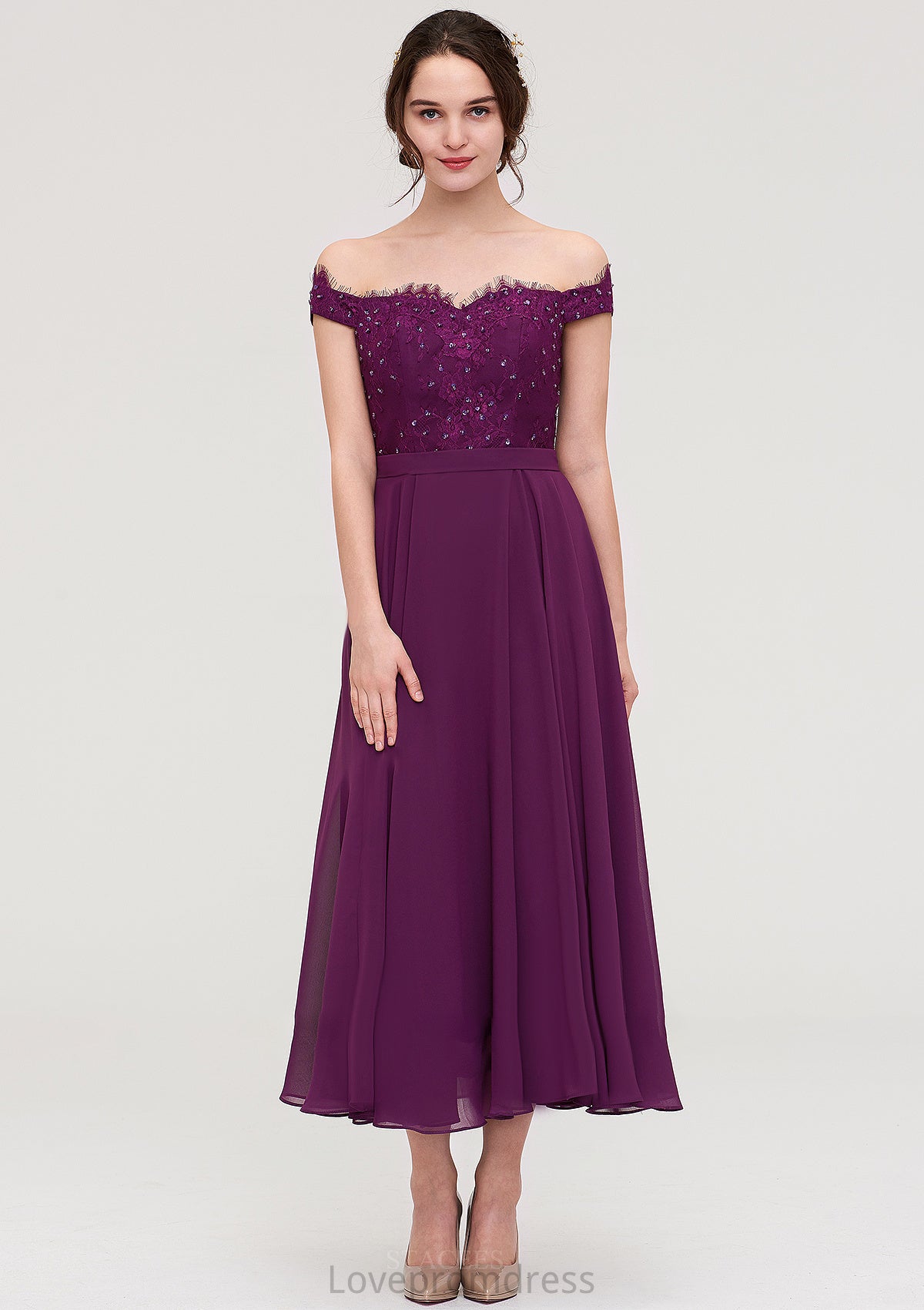 Off-the-Shoulder Sleeveless Tea-Length Chiffon A-line/Princess Bridesmaid Dresses With Lace Beading Jordin DYP0025446