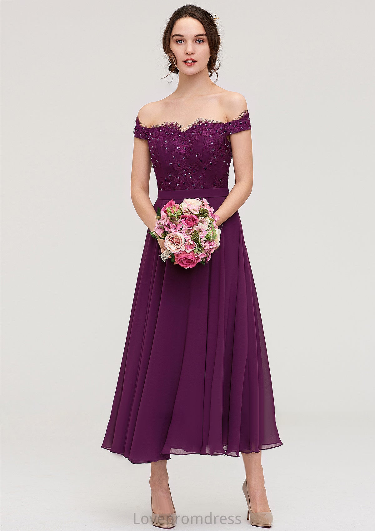 Off-the-Shoulder Sleeveless Tea-Length Chiffon A-line/Princess Bridesmaid Dresses With Lace Beading Jordin DYP0025446