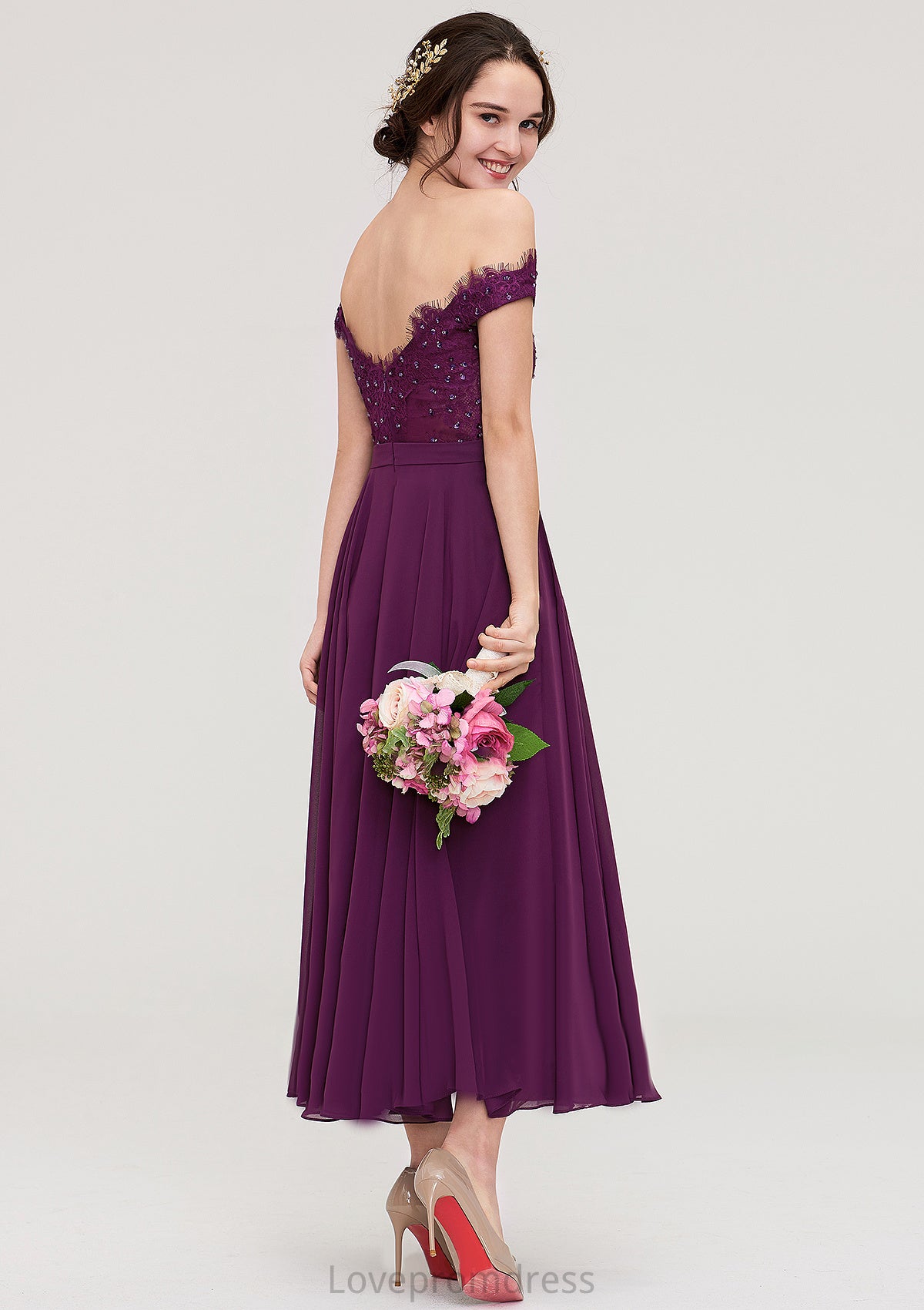 Off-the-Shoulder Sleeveless Tea-Length Chiffon A-line/Princess Bridesmaid Dresses With Lace Beading Jordin DYP0025446