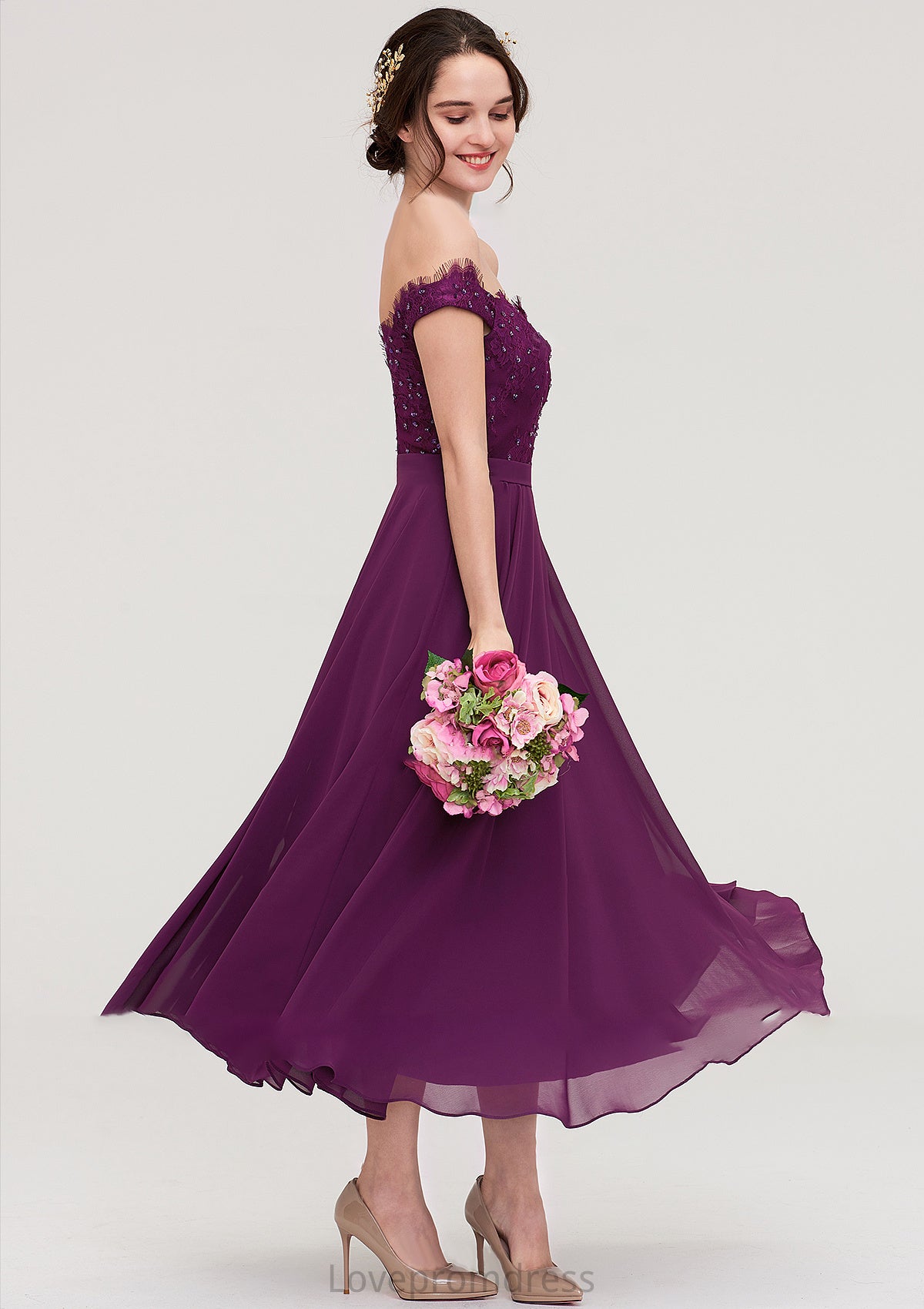 Off-the-Shoulder Sleeveless Tea-Length Chiffon A-line/Princess Bridesmaid Dresses With Lace Beading Jordin DYP0025446