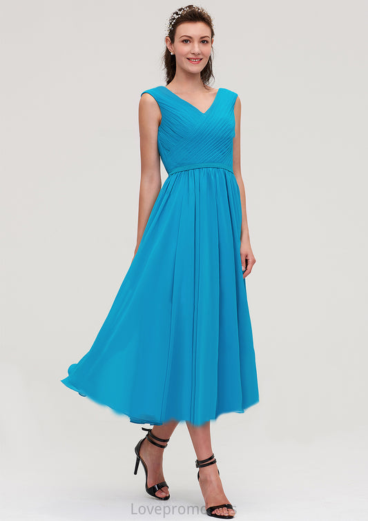 Sleeveless V Neck Tea-Length Chiffon A-line/Princess Bridesmaid Dresseses With Pleated Karina DYP0025448