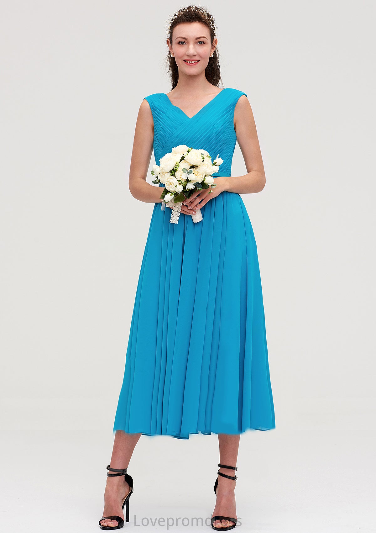 Sleeveless V Neck Tea-Length Chiffon A-line/Princess Bridesmaid Dresseses With Pleated Karina DYP0025448