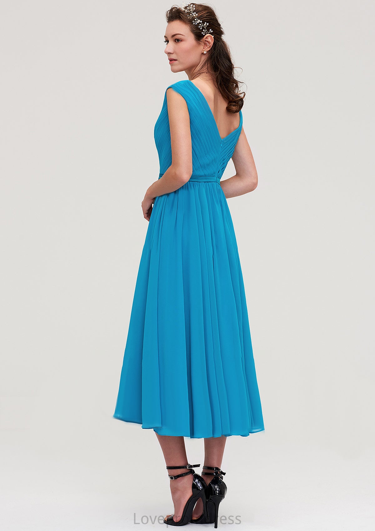 Sleeveless V Neck Tea-Length Chiffon A-line/Princess Bridesmaid Dresseses With Pleated Karina DYP0025448