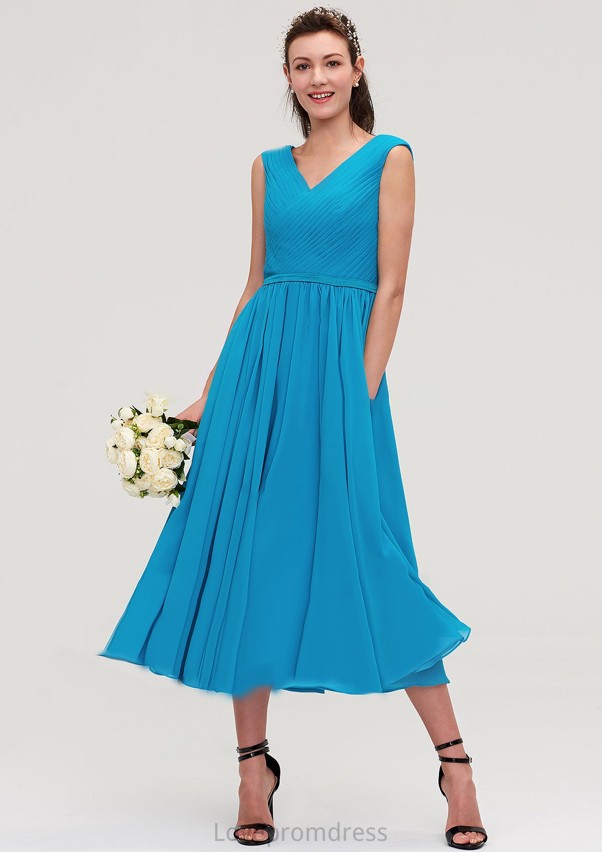 Sleeveless V Neck Tea-Length Chiffon A-line/Princess Bridesmaid Dresseses With Pleated Karina DYP0025448