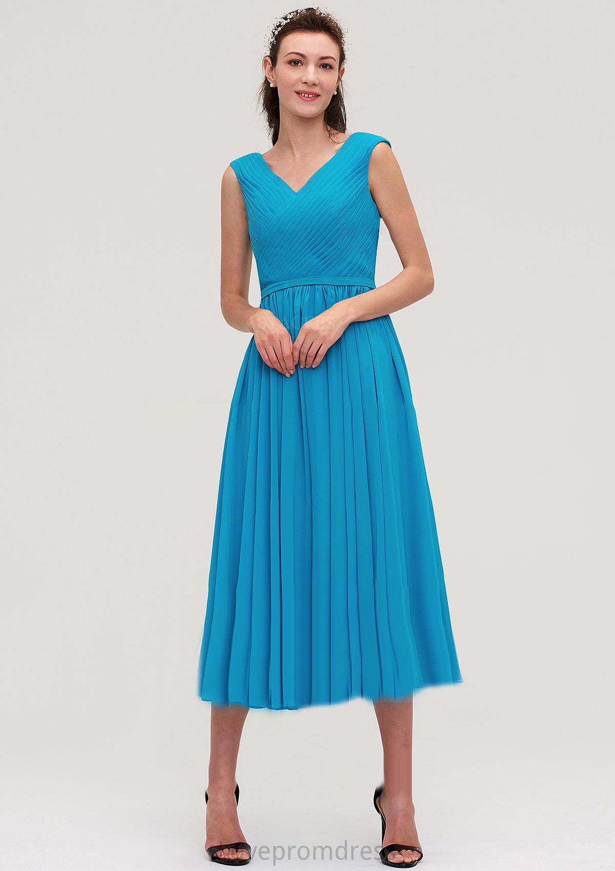 Sleeveless V Neck Tea-Length Chiffon A-line/Princess Bridesmaid Dresseses With Pleated Karina DYP0025448